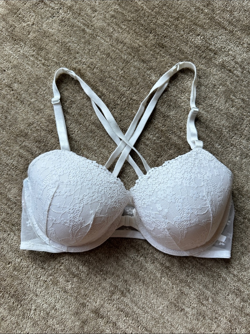 Victoria's Secret Front Close Lined Demi Bra, White Lace, 36D